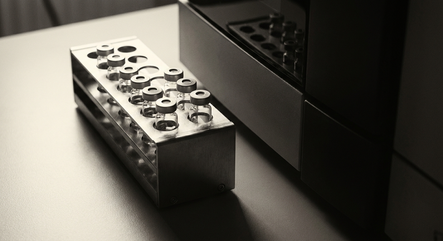 An analytical autosampler carousel loaded with sample vials.