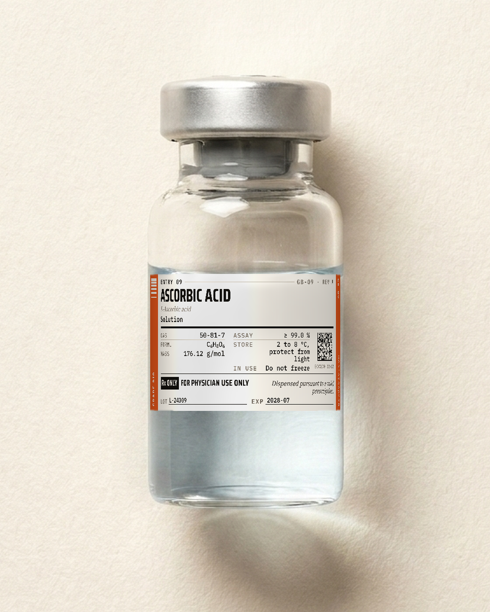 Ascorbic acid, clear solution in a sealed vial.