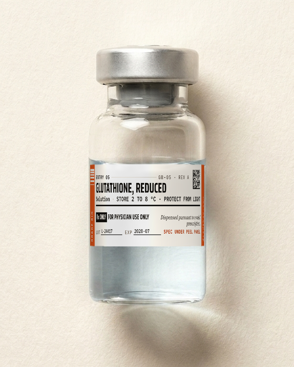 Glutathione, clear solution in a sealed vial.