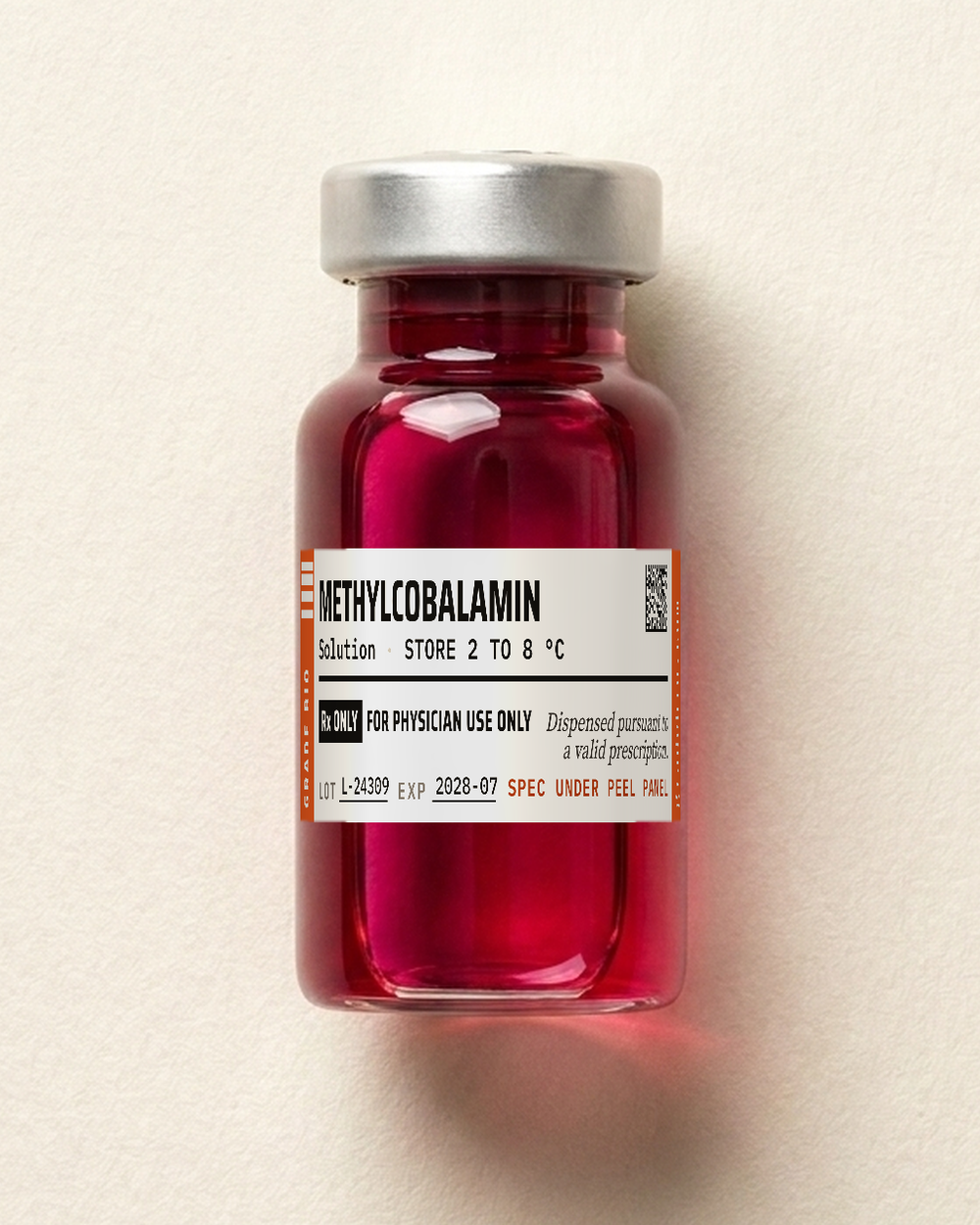 Methylcobalamin, deep red solution in a sealed vial.