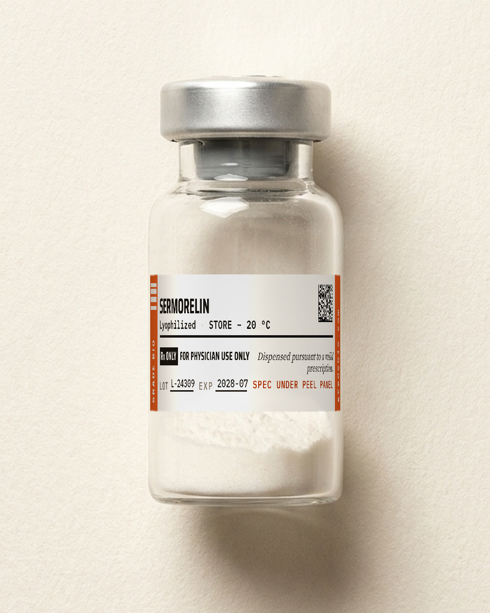 Sermorelin, lyophilized cake in a sealed vial.