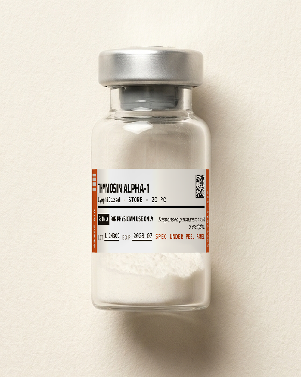 Thymosin alpha-1, lyophilized cake in a sealed vial.